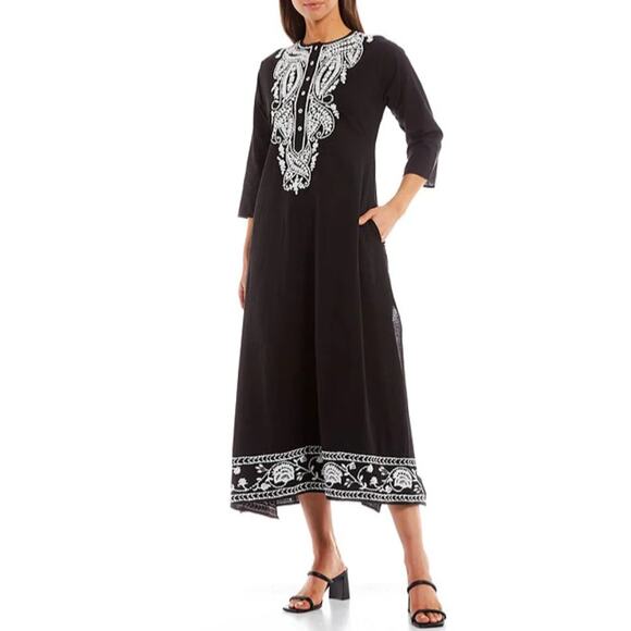 Roller Rabbit Embroidered Midi Dress Cotton Flax Black White Shift Small S - Picture 1 of 7